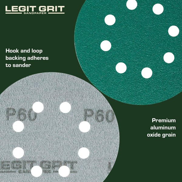 Legit Grit 5 inch Sand paper Disc, 8-Hole, 60 Grit, 150PK - LG5-860-150