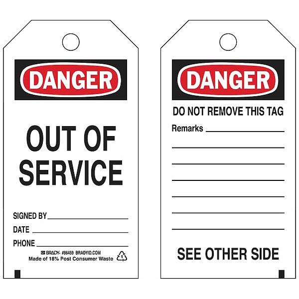 Brady Danger Tag, 5-3/4 x 3 In, Out Of Svce, PK10 - 86459