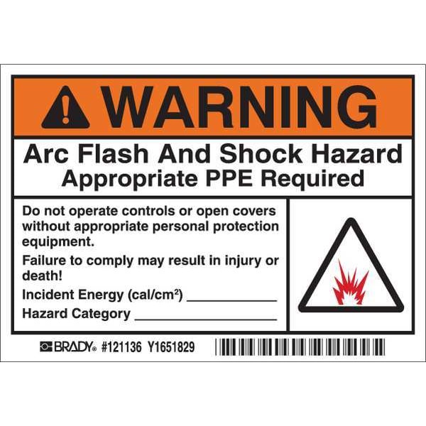Brady Arc Flash Label, 3-1/2 In. H, 5 In. W, PK5, 121136 - 121136