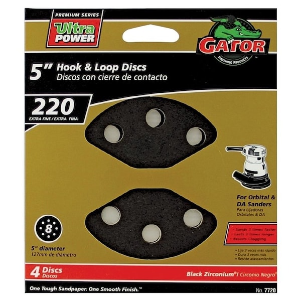 Gator Sanding Disc, 5 in Dia, 220 Grit, Extra Fine, Zirconium Oxide Abrasive, Vented - 7720
