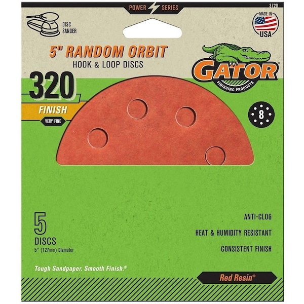 Gator Sanding Disc, 5 in Dia, 320 Grit, Super Fine, Aluminum Oxide Abrasive, Vented - 3720