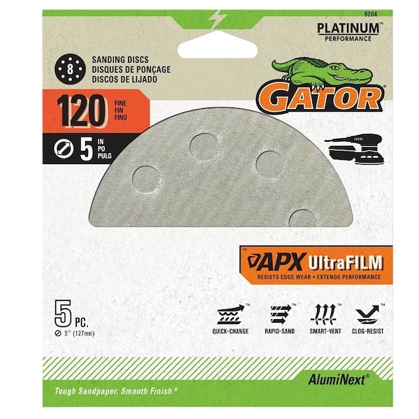 Gator Sanding Disc, 5 in Dia, 120 Grit, Aluminum Oxide Abrasive, 8-Hole - 9204