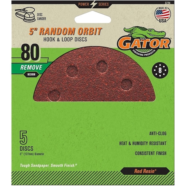 Gator Sanding Disc, 5 in Dia, 80 Grit, Medium, Aluminum Oxide Abrasive, Vented - 3724