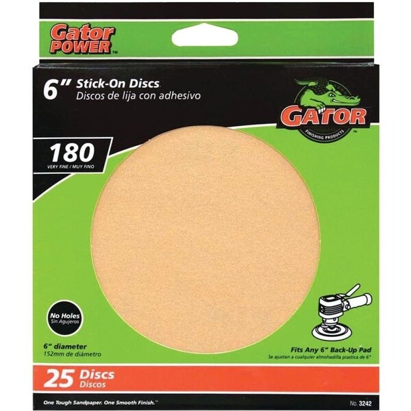 Gator Sanding Disc, 6 in Dia, Coated, 180 Grit, Very Fine, Aluminum Oxide Abrasive, Paper Backing - 3242