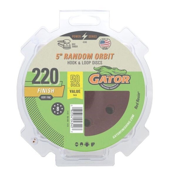 Gator Sanding Disc, 5 in Dia, 220 Grit, Extra Fine, Aluminum Oxide Abrasive, Vented - 4340