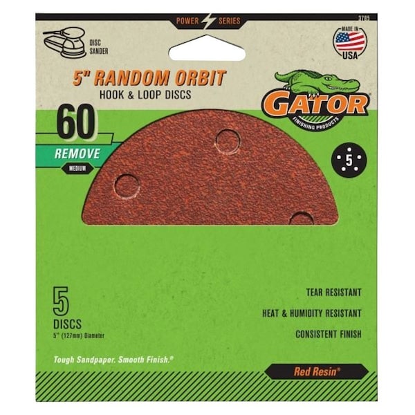 Gator Sanding Disc, 5 in Dia, 60 Grit, Coarse, Aluminum Oxide Abrasive, Vented - 3785