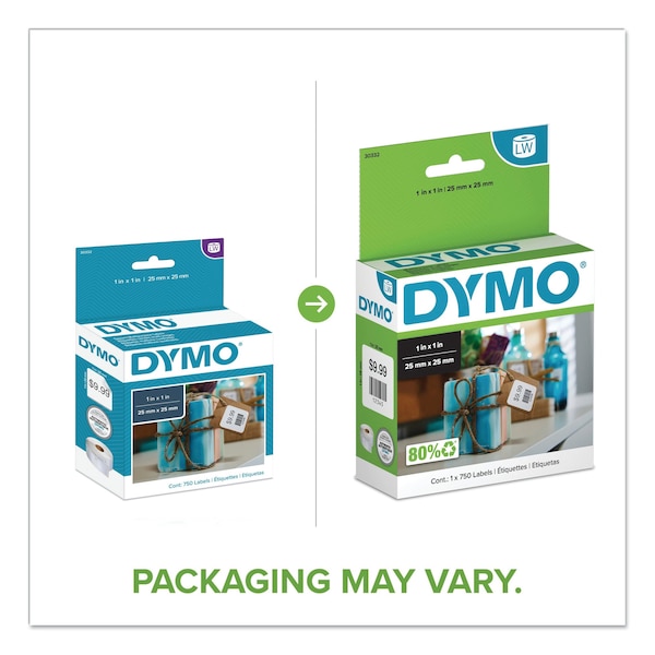 Dymo LabelWriter Multipurpose Labels, 1 in. x 1 in., White, 750 Labels/Roll - 30332