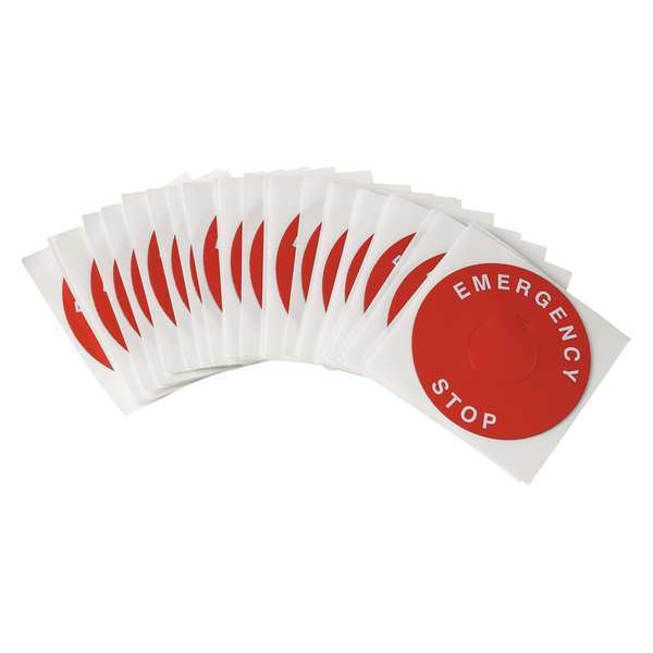 Brady Emergency Stop Legend Plate Label, 22mm, White on Red, THTEP-247-593RD - THTEP-247-593RD