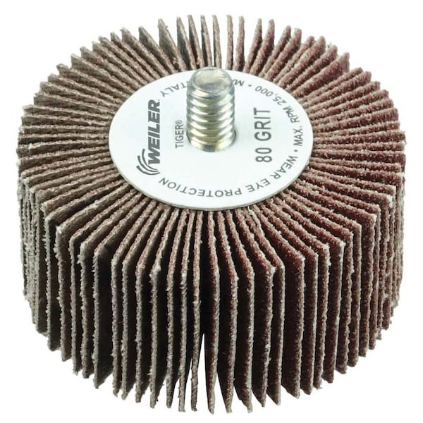 Weiler 2" x 1" Tiger Coated Abrasive Flap Wheel, 1/4"-20 Threaded Stem, 80AO - 52613
