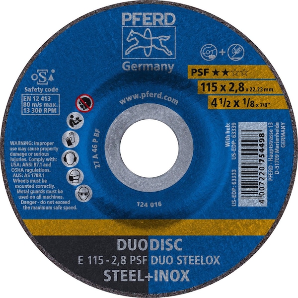Pferd 63333 4-1/2in x 1/8in DUODISC Wheel 7/8in AH A 46 P PSF-INOX Type 27 - 63333-PFERD