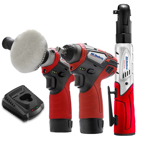 Acdelco G12 Series 12V Inalámbrico Liion 3 Mini Pulidora, 38 Impacto Llave de Trinquete Combo Kit de Herramientas - ACDARW1208-K12