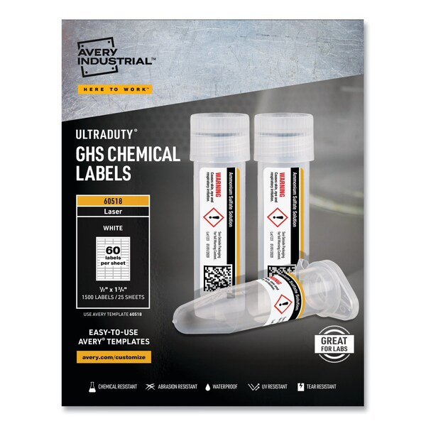 Avery UltraDuty Chemical Waterproof and UV Res Labels, 0.5x1.75, Wht, PK1500 - 60518
