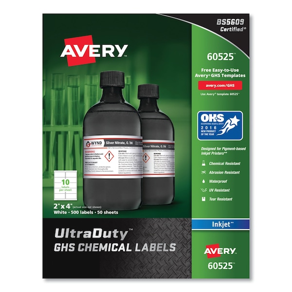 Avery UltraDuty Chemical Waterproof and UV Resistant Labels, 2x4, Wht, PK500 - 60525