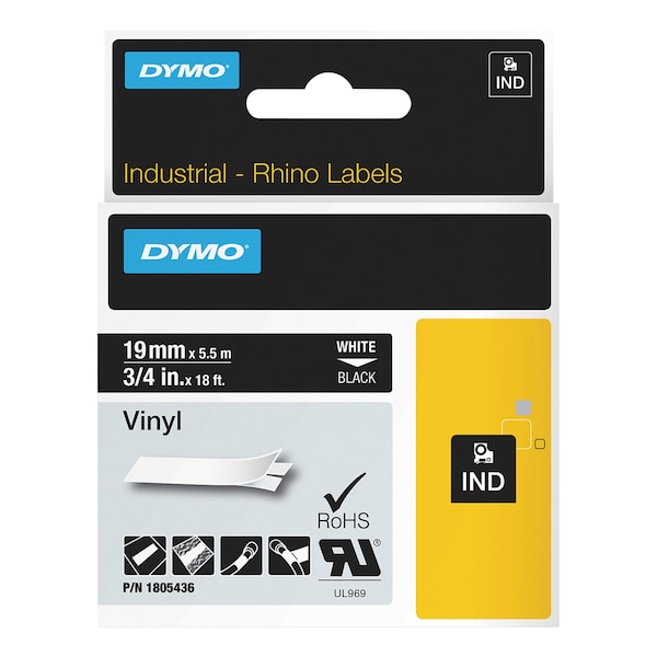 Dymo Rhino Permanent Vinyl Industrial Label Tape, 0.75 in. x 18 ft, Black/White Print - 1805436
