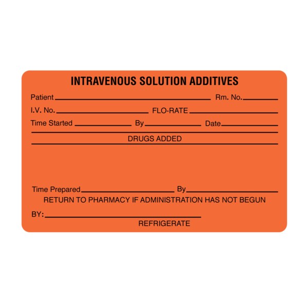 Nevs Label, Intravenous Solution Additives 2-7/16" x 4" Orange w/Black - PMA-42