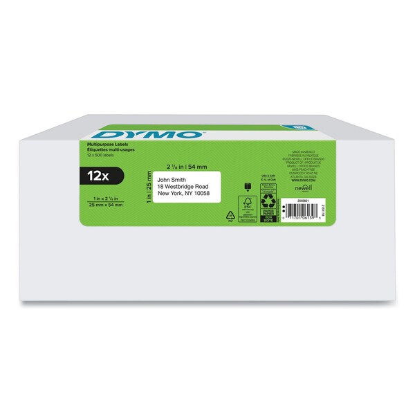 Dymo LW Multipurpose Labels, 1" x 2.13", White, 500/Roll, PK12 - 2050821