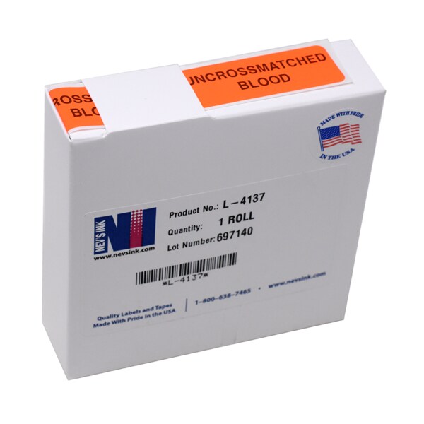 Nevs Label, Uncrossmatched Blood 7/8" x 2-1/4" Fluorescent Red w/ black - L-4137