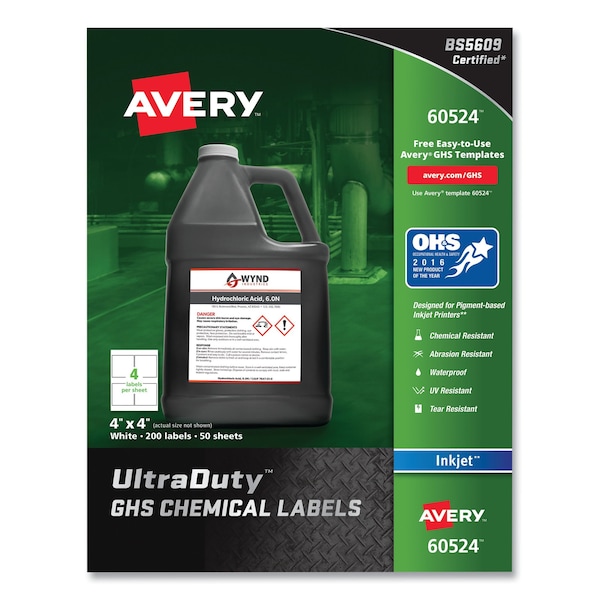 Avery UltraDuty Chemical Waterproof and UV Resistant Labels, 4x4, Wht, PK200 - 60524