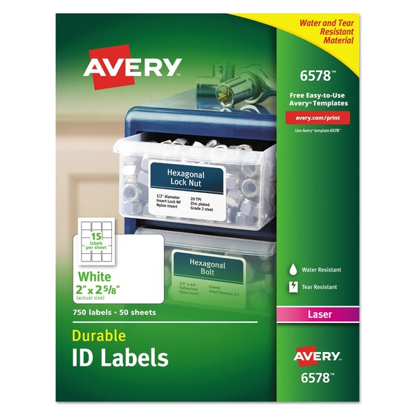 Avery Durable Permanent ID Labels w/TrueBlock, Laser, 2x2.63, White, PK750 - 06578