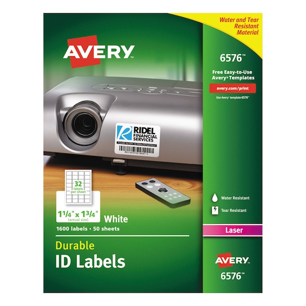 Avery Durable Permanent ID Labels w/TrueBlock, Laser, 1.25x1.75, Wht, PK1600 - 06576