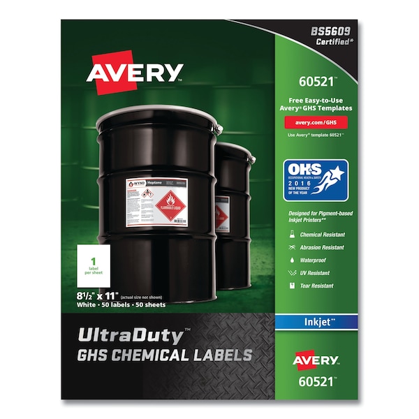 Avery UltraDuty GHS Chemical Waterproof and UV Res Labels, 8.5x11, Wht, PK50 - 60521