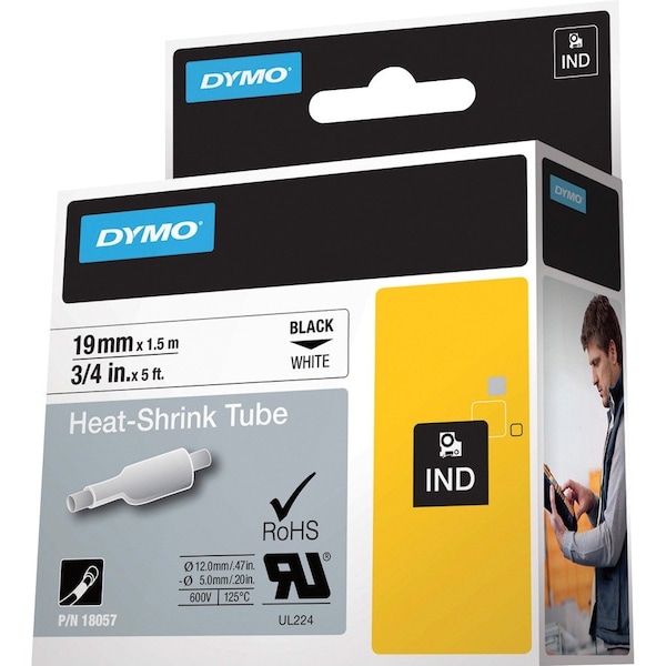 Dymo Rhino Heat Shrink Tubes Industrial Label Tape, 0.75" x 5 ft, White/Black Print - DYM18057