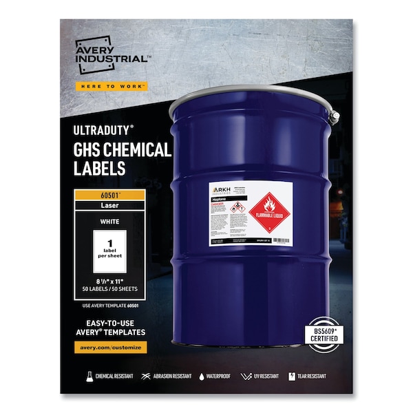 Avery UltraDuty GHS Chemical Waterproof and UV ResLabels, 8.5x11, Wht, PK50 - 60501