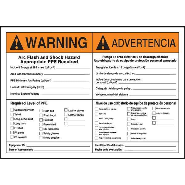 Accuform Arc Flash Label, Bilingual, 5x7 in, Dura-Vinyl, SBLELC334 - SBLELC334