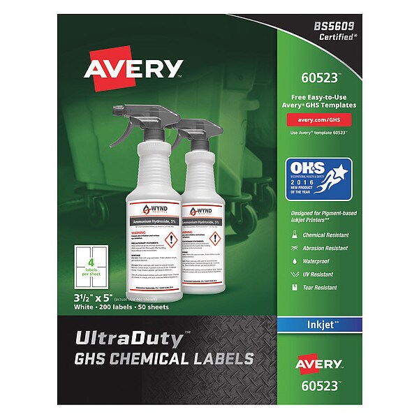Avery 3-1/2" x 5" GHS Chemical Labels for Inkjet Printers, 200 labels/50-sheets - 7278260523
