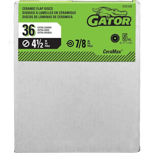 Gator Finishing Mounted Flap Wheel, 36 Grit, 4-3/4in W, PK5 - 9720035