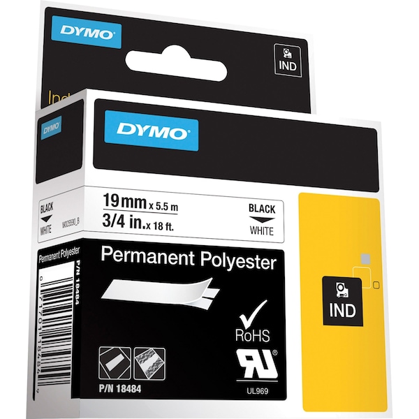 Dymo Rhino Permanent Poly Industrial Label Tape, 0.75" x 18 ft, White/Black Print - 18484