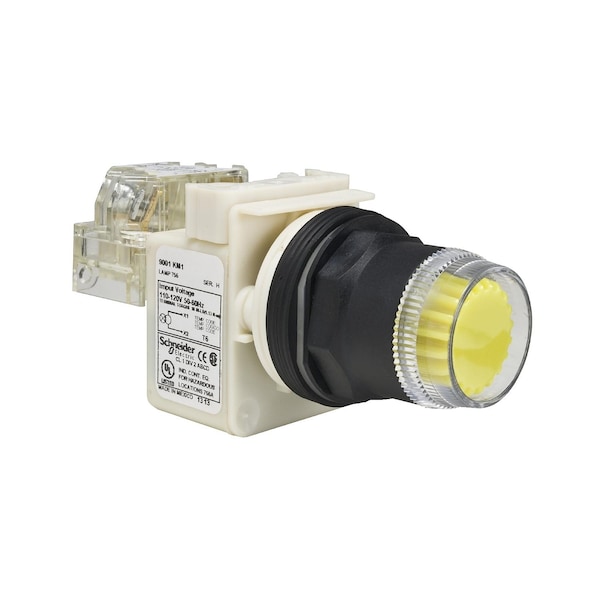Botón pulsador iluminado Square D, Harmony 9001SK, plástico, guardia de plástico empotrada, amarillo, 30mm, retorno por resorte, LED amarillo, 24-28V, 1 NC - 9001SK1L35LYYH5.
