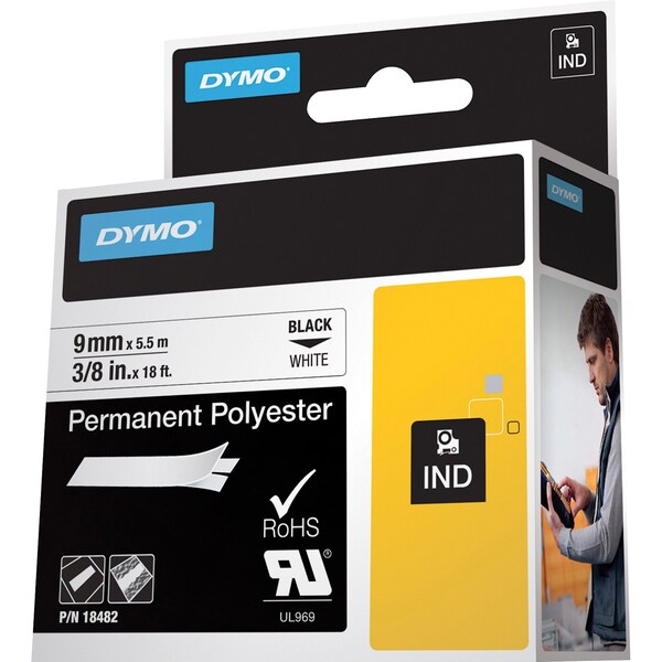 Dymo Rhino Permanent Poly Industrial Label Tape, 0.37" x 18 ft, White/Black Print - 18482