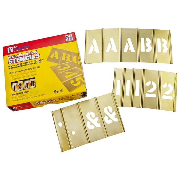 C.H. Hanson Stencil Kit, 2 in Character Height, 1 in Character Width, Letters and Numbers, Brass, 92 pc Set - 10151