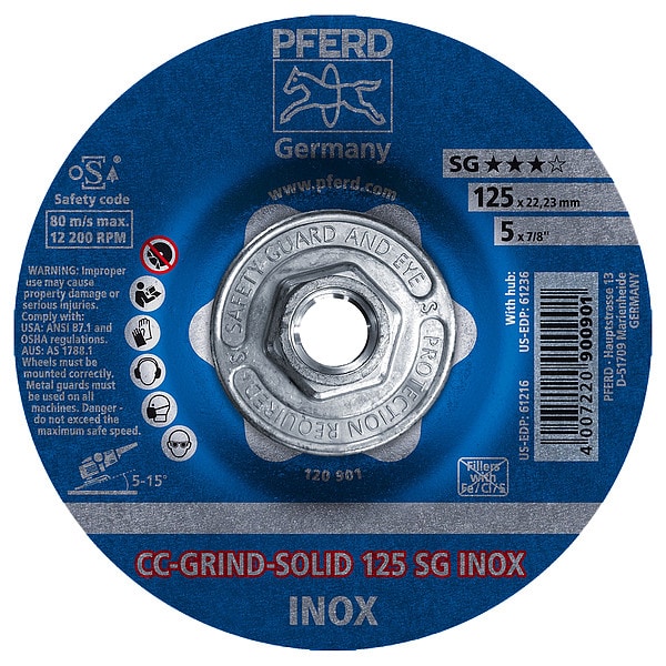 Pferd Depressed Center Wheels, Type 27, 5 in Dia, 1/8" Thick, 5/8"-11 Arbor Hole Size, Ceramic - 61236