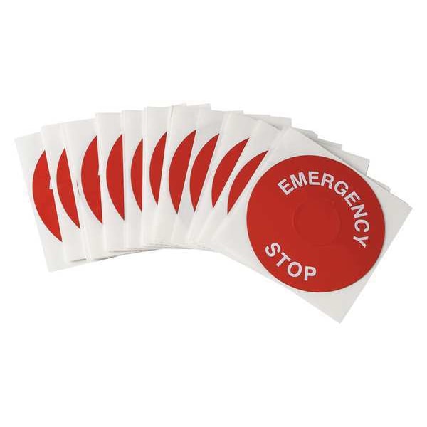 Brady Emergency Stop Legend Plate Label, 30mm, White on Red, THTEP-197-593RD - THTEP-197-593RD