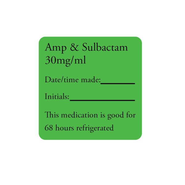 Nevs Label, Ampicillin + Sulbactam 30mg/ml 1" x 1" Flr Green w/Black - VW-0122