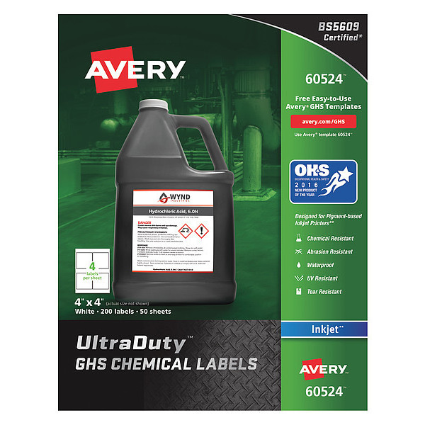 Avery 4" x 4" GHS Chemical Labels for Inkjet Printers 200 labels/50-sheets - 7278260524