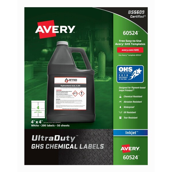 Avery 4" x 4" GHS Chemical Labels for Inkjet Printers 200 labels/50-sheets - 7278260524