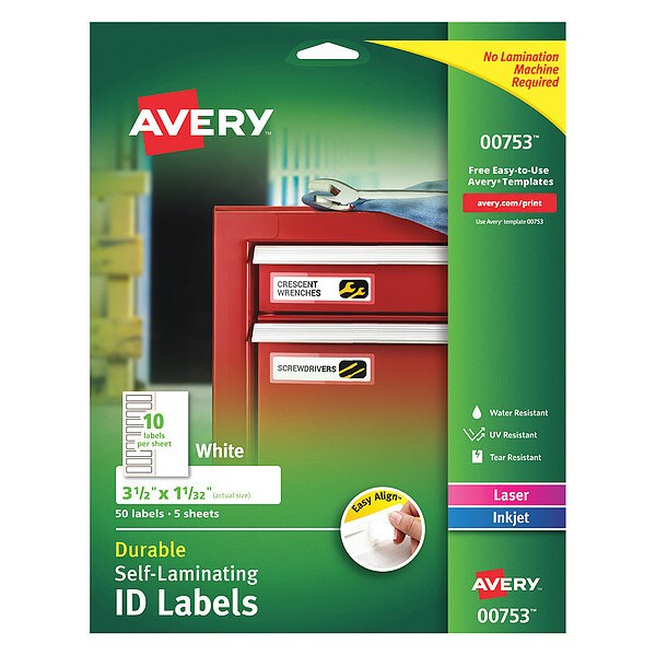 Avery Avery Easy Align Self-Laminating ID Labels, 00753, 3-1/2" x 1-1/32", Pack of 50 - 7278200753