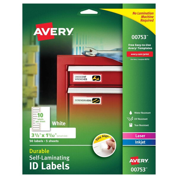 Avery Avery Easy Align Self-Laminating ID Labels, 00753, 3-1/2" x 1-1/32", Pack of 50 - 7278200753