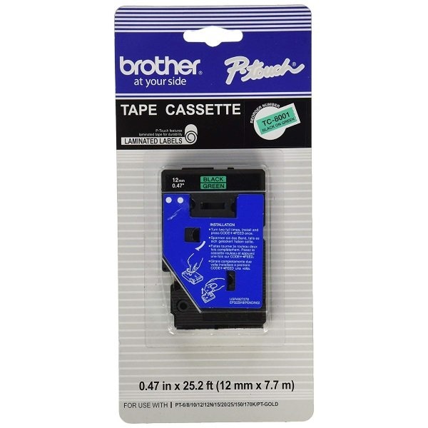 Brother 12mm 1/2in Black on Green Laminated Tape 7.7m/25.2' 1/Pkg - TC8001