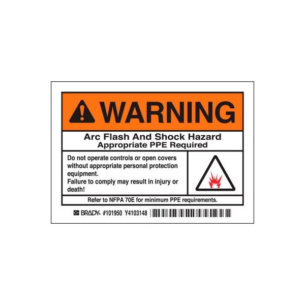 Brady Brady 1011950 Arc Flash Labels, Warning Arc Flash And Shock Hazzard, 3-1/2in X 5in, Blk/Orng/Wht - 101950