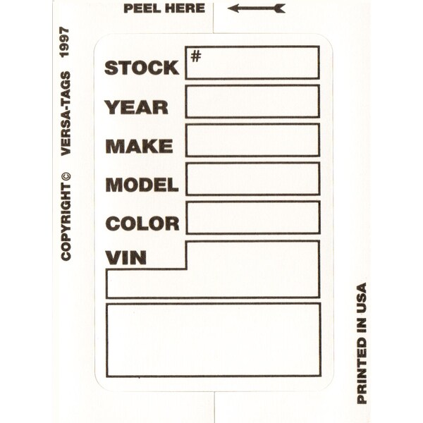 Car Dealer Depot Versa-Tag Kleer-Bak Stock Stickers, 3" X 4", 100 Per Box: White Pk - 425