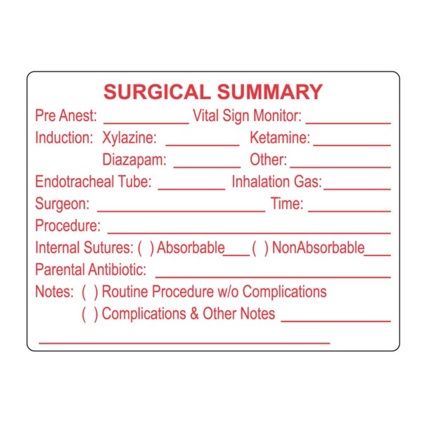 Nevs Label, Surgical Summary Procedure - White w/ Red 2" x 1-1/2" - VW-0089