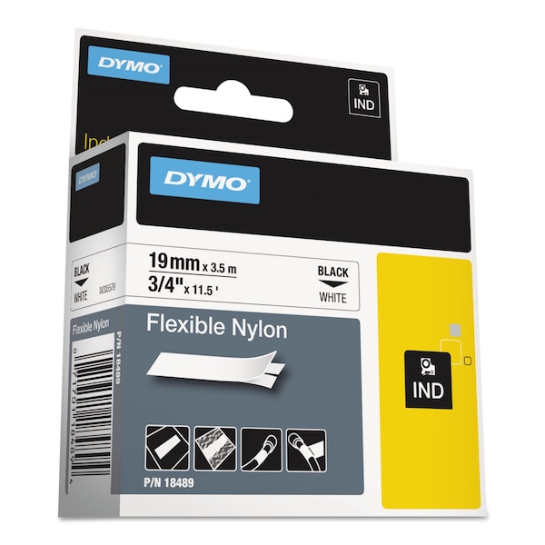 Dymo Rhino Flexible Nylon Industrial Label Tape, 0.75 in. x 11.5 ft, White/Black Print - 18489