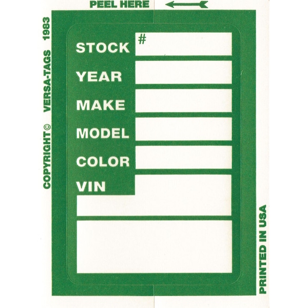 Car Dealer Depot Versa-Tag Kleer-Bak Stock Stickers, 3" X 4", 100 Per Box: Green Pk - 423-G