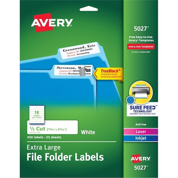 Avery Extra Large Filing Labels, 15/16"x3-7/16", 450/PK, White PK - AVE5027
