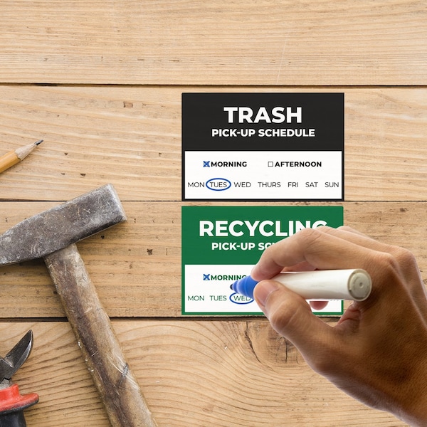 Fuel Stickers Trash Pick Up Reminder Sticker - Reminds Trash Collection Day, Outdoor Rated, 6in x 2in, 2PK - 6X2TRASH-PICKUP-REM