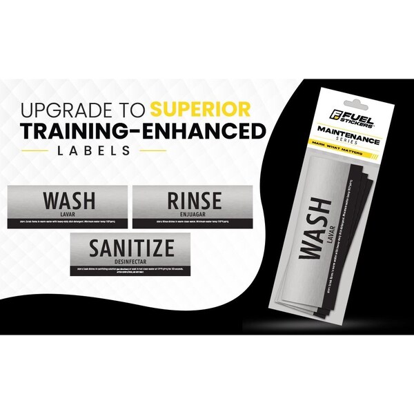 Fuel Stickers Wash Rinse Sanitize Sink Labels, Brushed, 3 Compartment Sink Stickers, 6in x 2in, 1 Set - WRS-BRUSHED-1